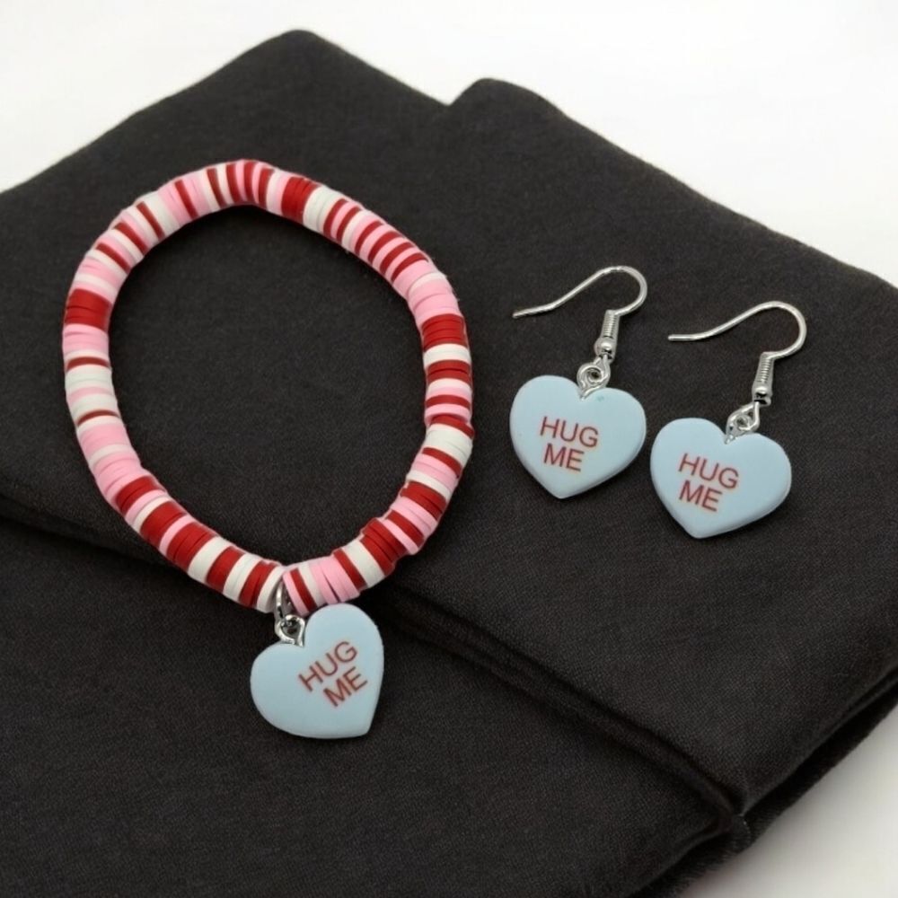 Blue Candy Heart Charm Bracelet & Earring Set 💙 “Hug Me” Valentine (3-Piece)